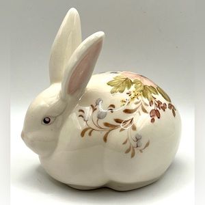 Vintage Ceramic Pottery White Rabbit Bunny Flowers Cotton Balls Holder Figurine